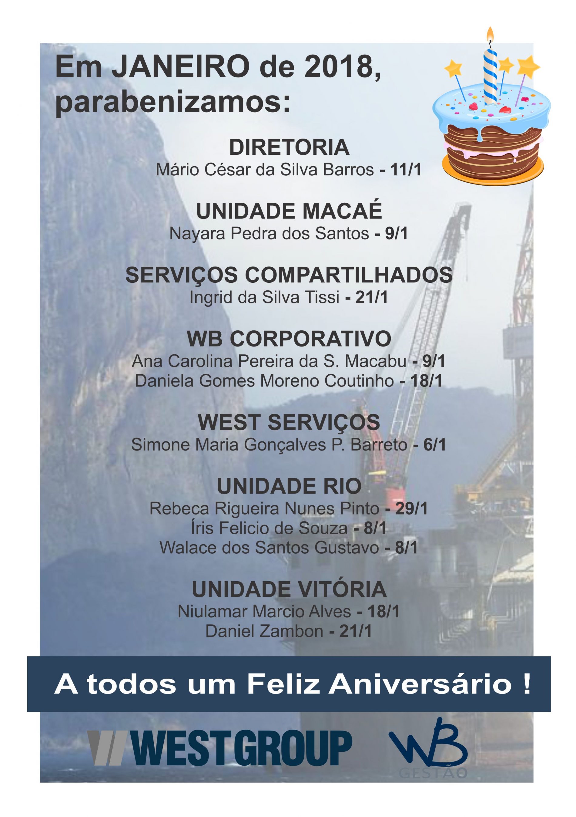 Aniversariantes do Mês – Janeiro 2018