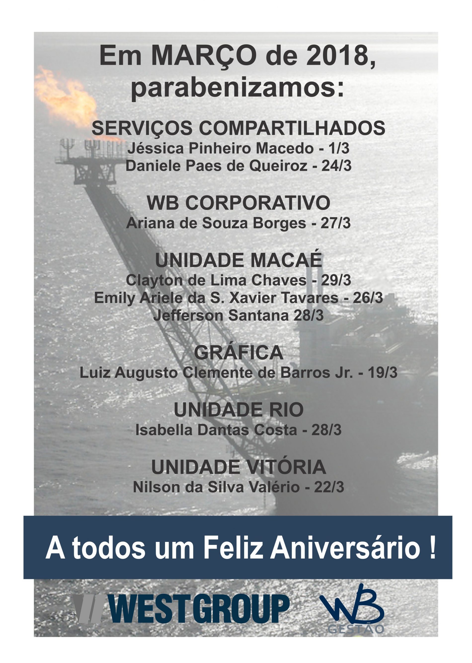 Aniversariantes do Mês – Março 2018