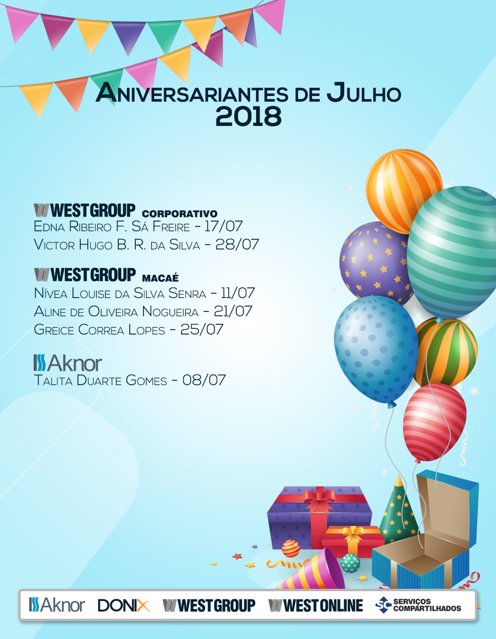 Aniversariantes do Mês – Julho 2018