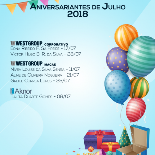 Aniversariantes do Mês – Julho 2018