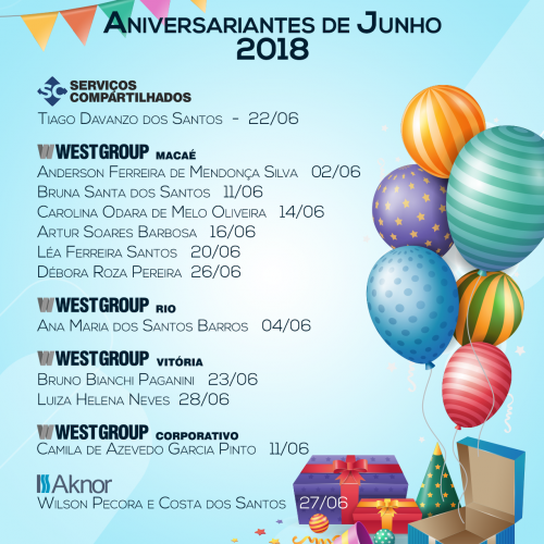 Aniversariantes do Mês – Junho 2018