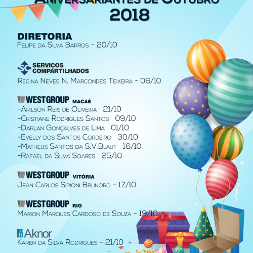 Aniversariantes do Mês – Outubro 2018